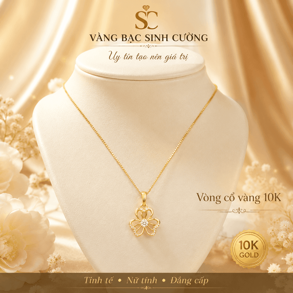 Vòng Cổ Vàng 10K Hoa Ba Cánh Ánh Kim — Vàng tây 10K