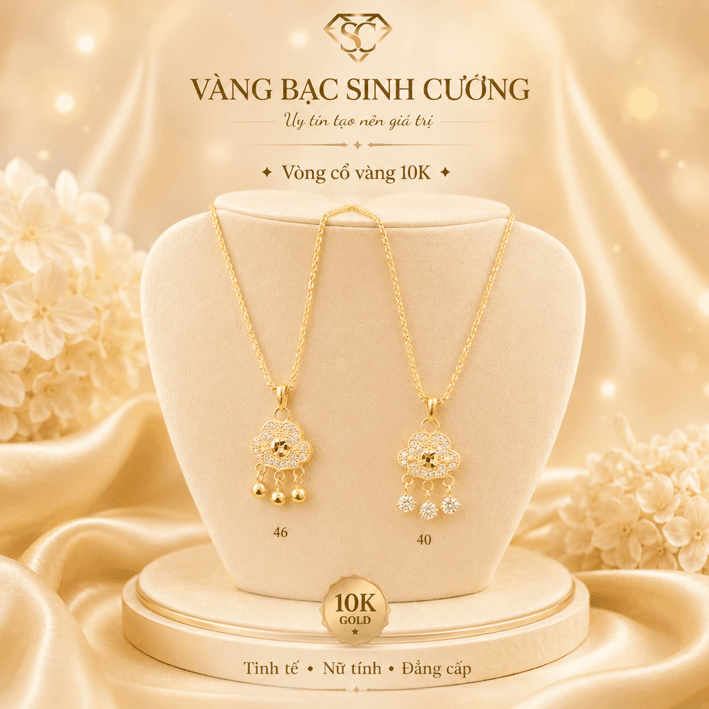 Vòng Cổ Nữ Vàng 10K Hoa Mây Đính Đá — Vàng tây 10K