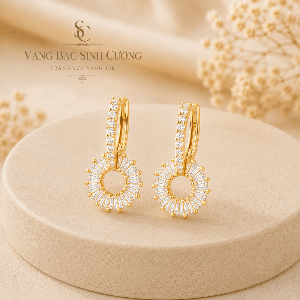 Bông Tai Vàng 10K Vòng Tia Đính Đá Baguette – Lấp Lánh Cao Cấp — Vàng tây 10K